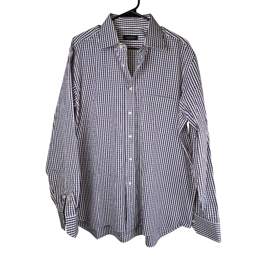 Canali Purple White Gingham‎ Long Sleeve Button-Down Shirt Size 17.5/44 Italy